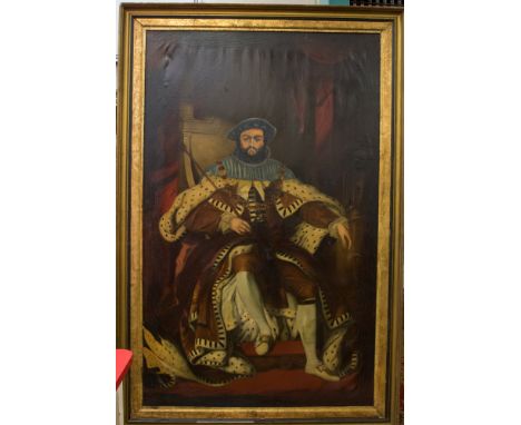 20th Century School, a portrait of Henry VIII, standing full length, oil on canvas, 145cm by 236cm, in a gilt frame