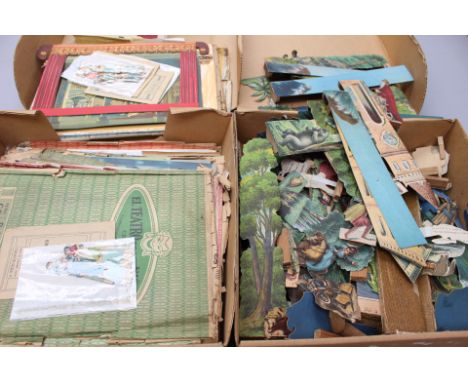 Two boxes of paper theatre props, figures, scenery, etc, Spanish and Russian plays 