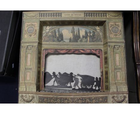 Vintage toy theatre Shadow puppet screen; together with a colour lithographic stage front, incorporating proscenium arch and 