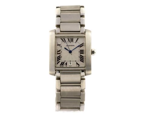 Cartier, a gent's steel Cartier Tank Francaise wristwatch, 3cm square champagne guilloche dial with Roman numerals and blued 