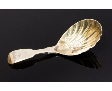 A Victorian silver fiddle pattern caddy spoon, shell bowl, the handle engraved with initial, George Adams, London, 1849, 0.48