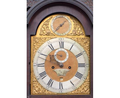 William Bell, London, a George III mahogany longcase clock, circa 1790, arched brass dial with floral spandrels and a pitted 