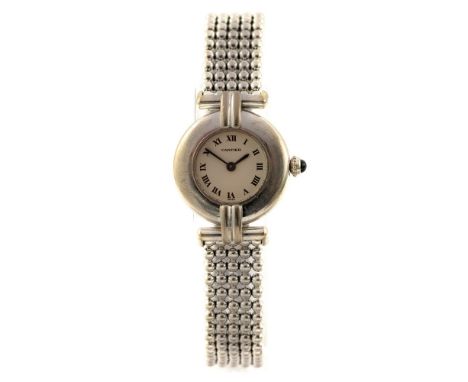 Cartier, an 18ct Cartier white gold lady's wristwatch, 2.5 cm circular white dial with Roman numerals, sapphire set crown, ba