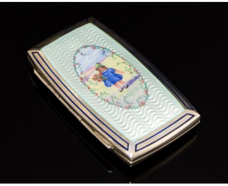 An early 20th Century silver and enamel cigarette case, oblong shaped with gilt interior, the hinged cover with green guilloc