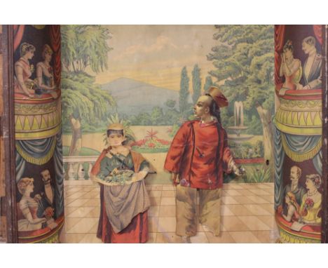 19th Century toy theatre with two articulated card figures operated by clockwork mechanism at rear, the stage of wooden const