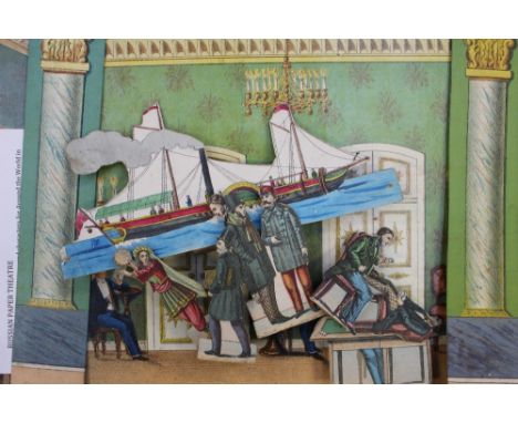 Toy theatre: miniature Engelbrecht peep show, 18th Century engraving hand coloured, depicting ballroom scene in six divisions