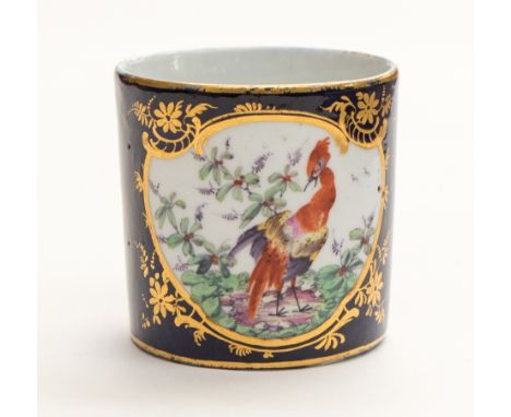A Derby type patch mark beaker, cobalt blue with gilt cartouches and exotic birds, in the Worcester style, 6cm high approx