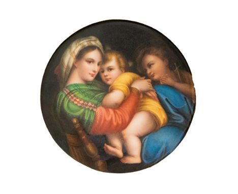 A 19th century Vienna type porcelain plaque, after Raphael, circular form in a gilt frame, plaque diameter approx 16cm