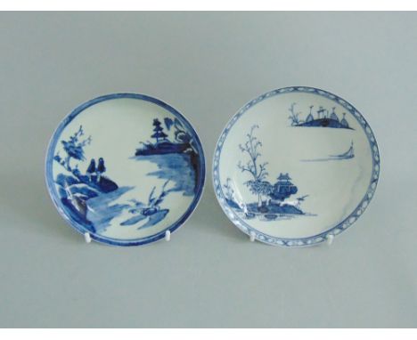 Two Chaffers Liverpool  blue and white saucers, one painted with 'Two Men on an Island' pattern, the other with a Chinese lan