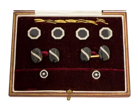 A French Art Deco gentleman's dress set, black onyx and diamond complete set comprising, cufflinks, four dress studs and two 