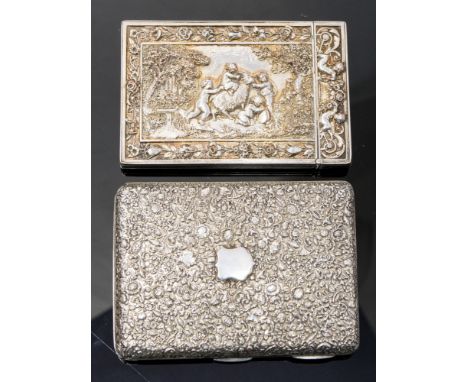 A Victorian electroplate card case, cast in relief with playing putti riding a goat within a landscape, framed by border of t