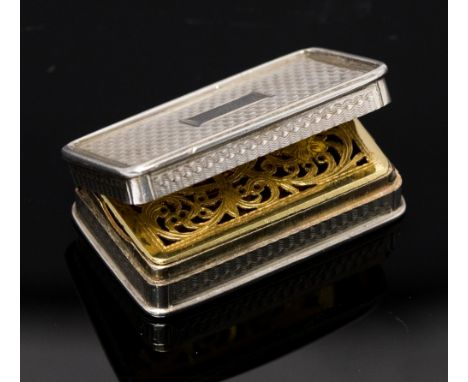 A William IV silver engine turned viniagrette, the cover with vacant cartouche, gilt interior with foliate grille, Nathaniel 