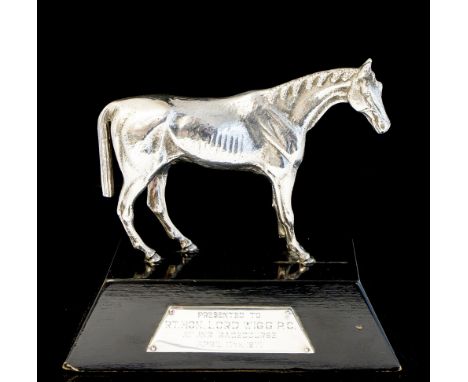 An Elizabeth II cast silver racehorse on ebonised plinth, S J Rose & Son, Birmingham 1970, with plaque inscribed: PRESENTED T