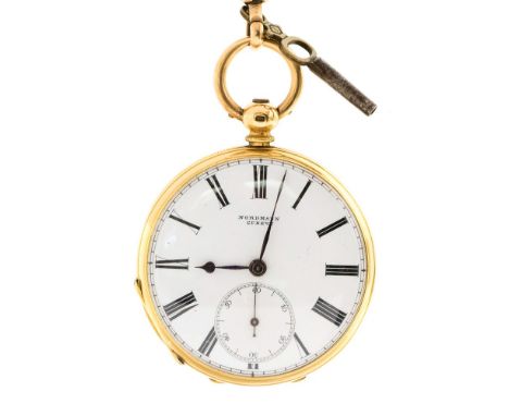 Nordmann, Geneva, a late 19th Century 18ct gold open faced key wind pocket watch, 4.5cm circular white enamel dial with Roman