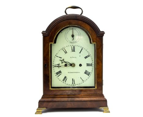 A George III mahogany bracket clock by Rolfe, Clerkenwell, arched case with brass swing handle, white painted arched dial wit