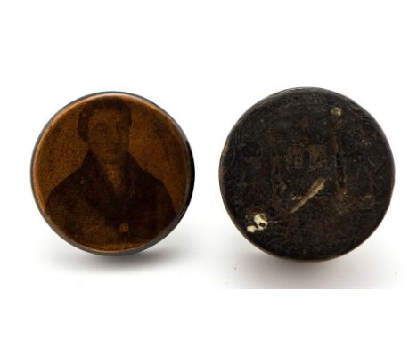 Two early 19th Century black lacquer snuff boxes of Masonic interest: One cover painted with half length portrait of a Gentle