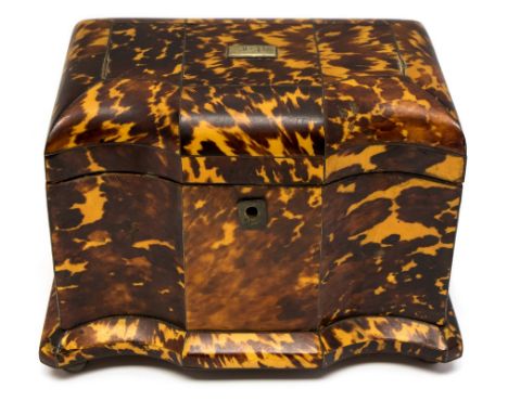 A Regency tortoiseshell tea caddy, circa 1820, of breakfront sarcophagus from, twin division interior, bronzed ball feet, wid