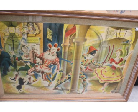 Clarke Hutton (1898-1984) 'Harlequinade', colour lithograph printed in England by The Baynard Press, clown/circus/theatre int