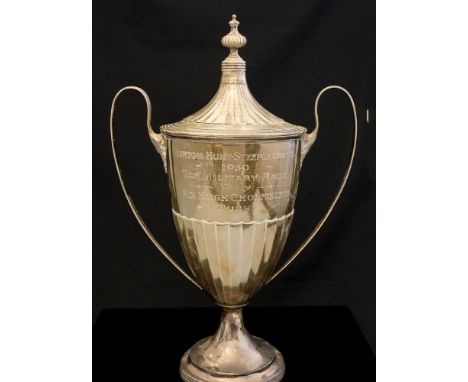 Hunting / Point-to-Point Interest: A George V silver cup and cover, urn-shaped in the Neo-Classical manner with fluted sectio