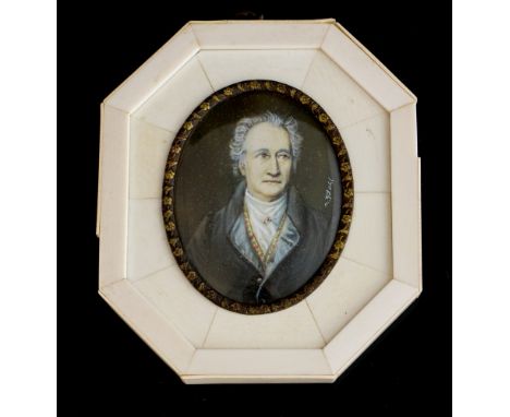 An oval portrait miniature of Geothe, early 20th Century, indistinctly signed, in an ivory frame, 8cm by 6.5cm 