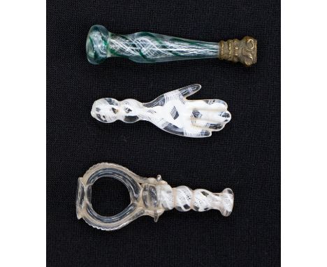 Three 18th century opaque twist glass seals or pipe tampers, including a green colour twist example (3)