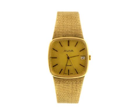 Avia, a circa 1970's gent's 9ct gold Avia Quartz wristwatch, 3cm square gilt dial with baton numerals, date aperture at 3 o'c