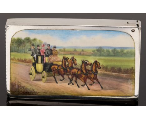 A late Victorian silver and enamel rectangular vesta case, the enamel painted with a coaching scene, the reverse engraved wit