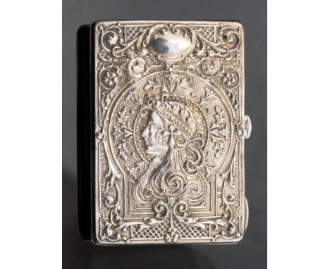 A George V silver rectangular aide memoire, the cover and base profusely chased in relief with a profile portrait of a maiden