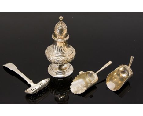 A George IV silver fiddle pattern sifting spoon, Joseph Willmore, Birmingham, 1821 together with two silver sugar shovels, Bi
