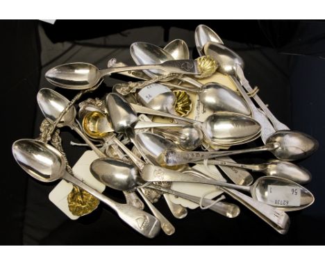A collection of 18th & 19th Century silver teaspoons and condiment spoons including a set of five George III OEP teaspoons, S