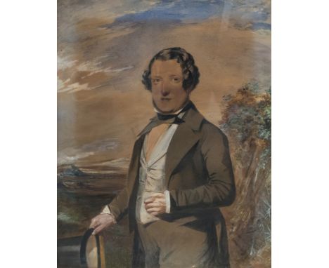 English School, circa 1850, portrait of a gentleman, three quarter length in a brown coat holding a hat in a landscape, water
