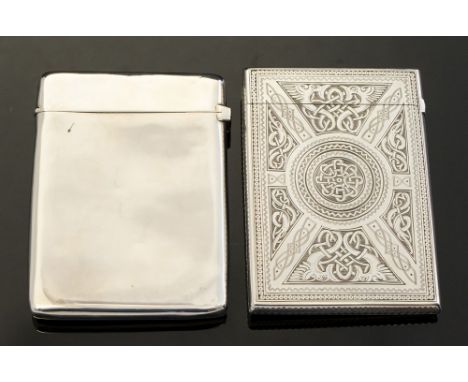 A Victorian silver rectangular card case, the entire engraved in the Celtic Revival manner, Birmingham, 1876, maker's mark po