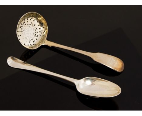 A George II Hanovarian silver dessert spoon, Isaac Callard, London, 1741 with a Victorian silver sifting spoon, engraved with
