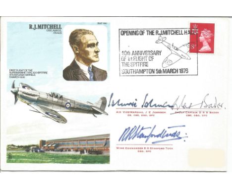 Douglas Bader, Robert Stanford Tuck and Johnnie Johnson signed R J Mitchell Historic Aviators Spitfire cover. All autographs 