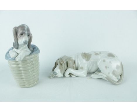Lladro 'Dog in Basket' 01001128 and 'Old Dog' 01001067. Condition - Unboxed Good Overall 