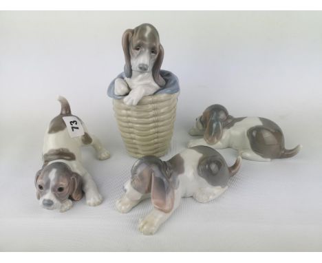 Lladro 'Dog in Basket',  Model 01001128 and 3 other Beagle Puppies. Condition - Unboxed all in good condition 