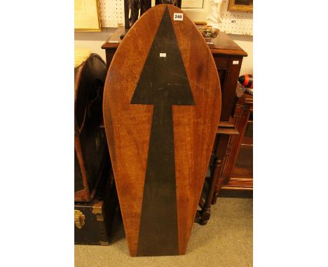1950/60?s bodyboard in contrasting wood and decorated with large arrow motif, 122cm in Length 