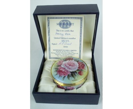 Boxed Enamel Moorcroft Peony decorated lidded trinket pot 28 of 75, 5.5cm in Diameter with certificate 