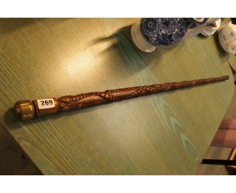 WW1 Serpent and Amphibian Carved walking stick with brass finial marked W.E.B. Aug 4th 1914 to Nov 11th 1918, 86cm in length 