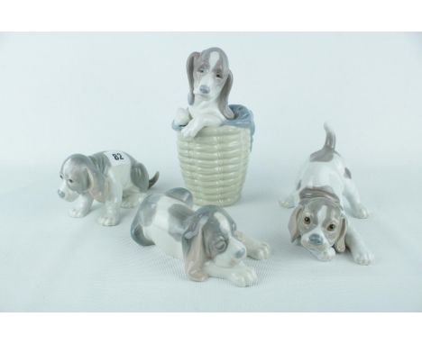 Lladro 'Dog in Basket' 01001128 and 3 Beagle Puppies. Condition - Unboxed Good Overall 