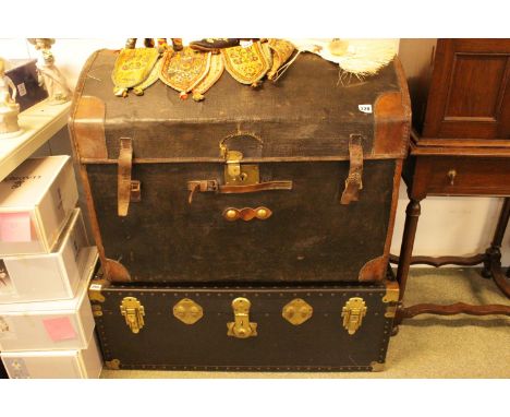 Edwardian Domed Canvas Trunk with brass and leather fittings and a Later Rectangular trunk 