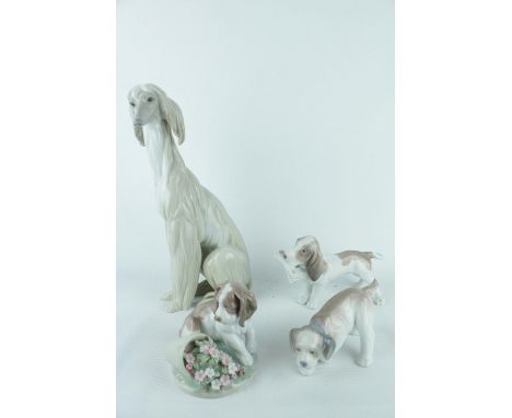 Lladro 'Afghan' 01001069 and 3 Lladro Puppies. Condition - Unboxed Good Overall 