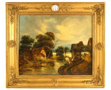 A continental musical picture clock, 19th century, the painting depicting figures in a rural landscape with buildings, oil on