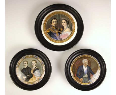 A Prattware lid, 19th century, depicting Princess Alexandra and Prince Albert Edward, set to an ebonised wooden frame, 15cm d