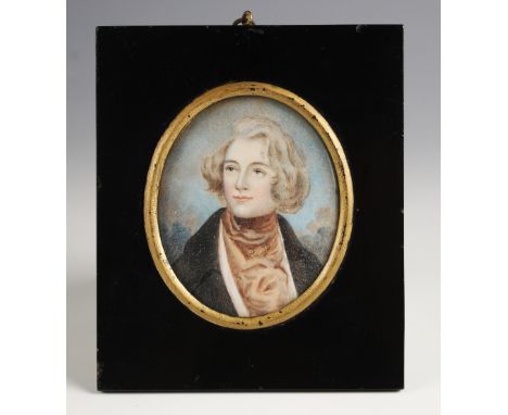 English school (mid 19th century),A bust length portrait miniature depicting a young gentleman in blush cravat,Watercolour on