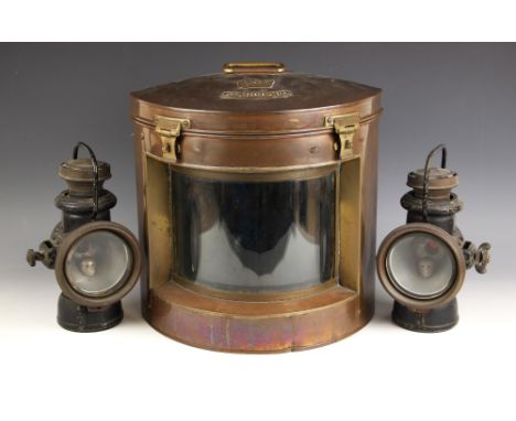A brass mounted copper ship's Starboard lamp, late 19th century, with applied plate for 'Starboard', 36cm high, and two Powel