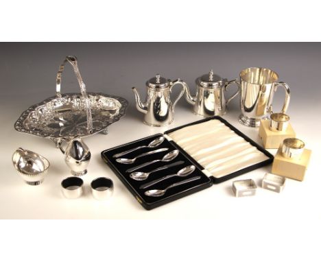 A selection of silver plate and silver items, including a silver plate swing handled basket with florally embossed detail to 