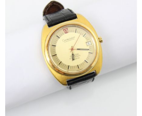 An gold plated Omega Constellation chronometer wristwatch, the two toned dial with baton markers and date aperture to 3 o'clo