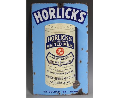 A vintage enamel advertising sign for 'Horlick's The Original Malted Drink', the drop-shadowed package illustration set to a 