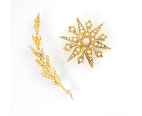 A 20th century diamonds and split pearl brooch, designed as a star burst with central round cut diamonds and split pearl surr